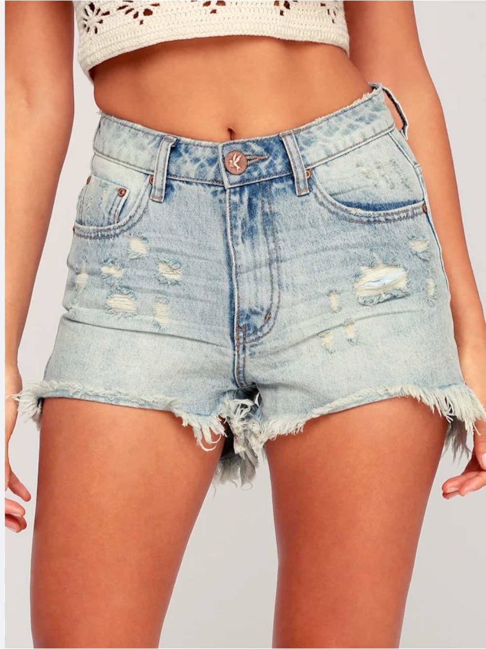 One Teaspoon Light Blue Distressed High-Rise Slim Fray-Hem Sz 27 Jean Shorts
